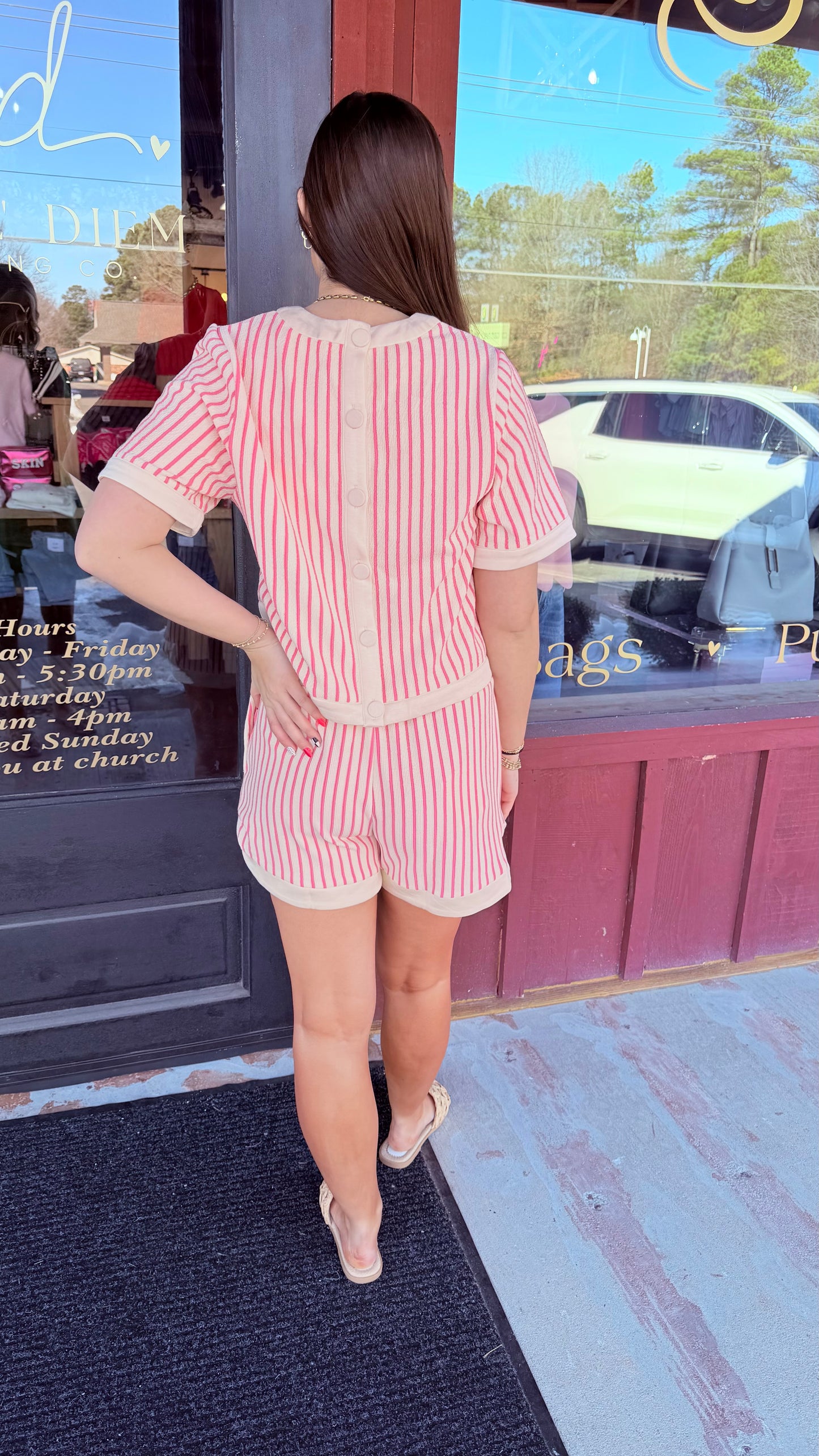 "Posie" Pink Stripe Set w/ Back Button Detail