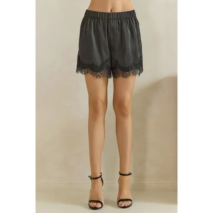 "Honey" Lace Trim Satin Shorts