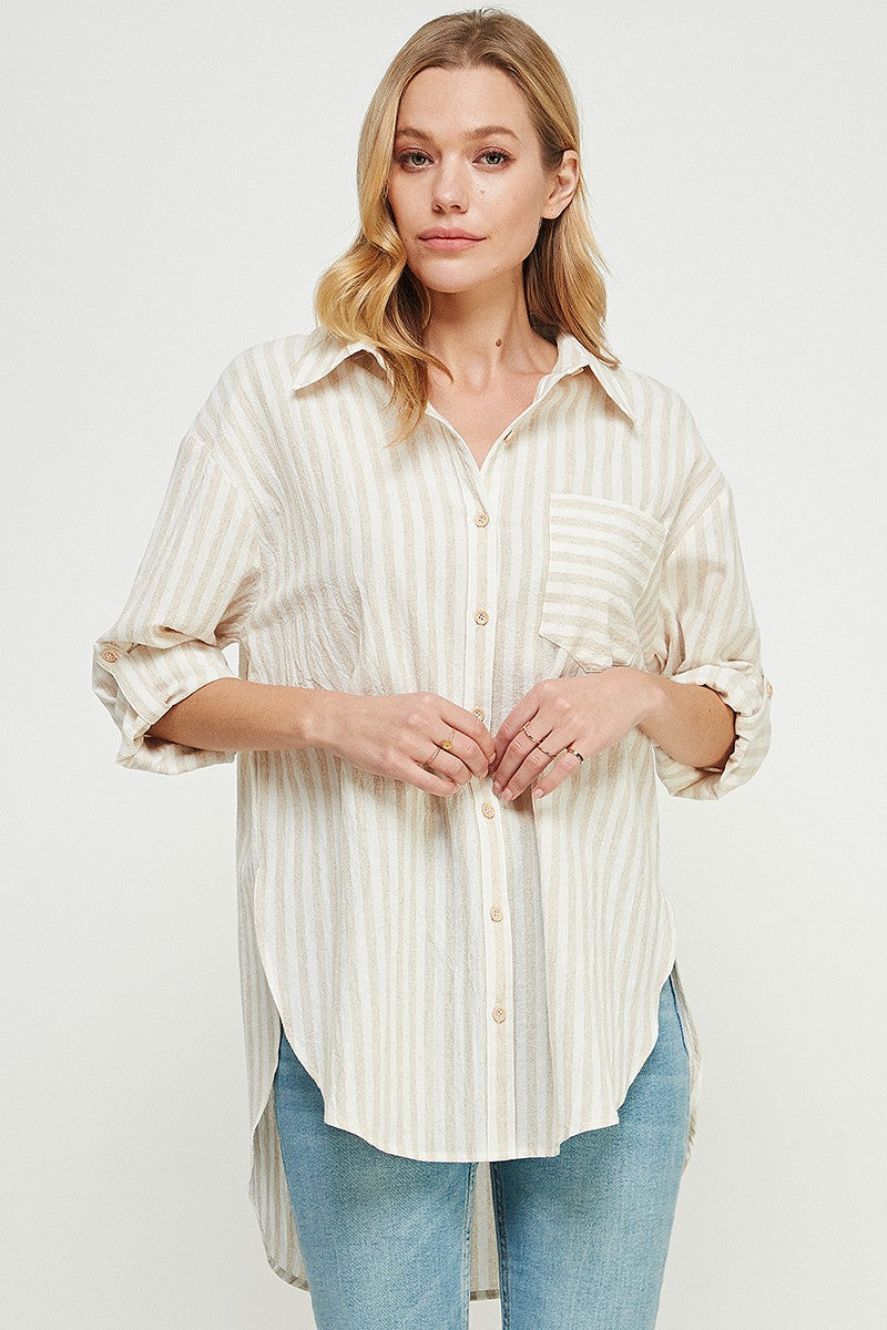 "Addison" Breezy Linen Curvy Boyfriend Shirt- Natural