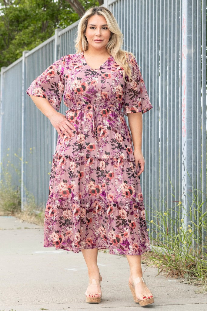 "Blushing" Curvy Floral Chiffon Midi Dress