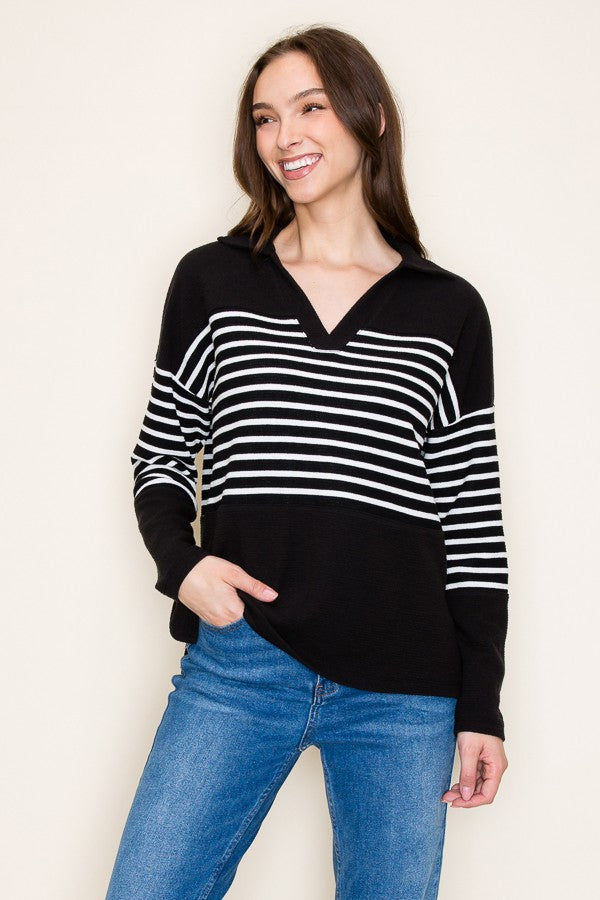 "Benny" Cloudy Knit Black/White Striped Top