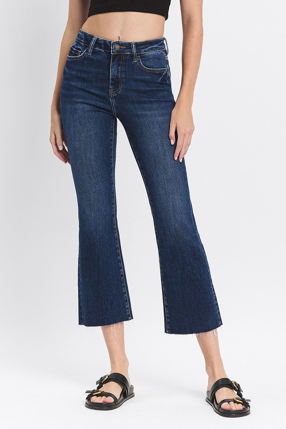 High Rise Clean Cut Raw Hem Kick Flare Jeans