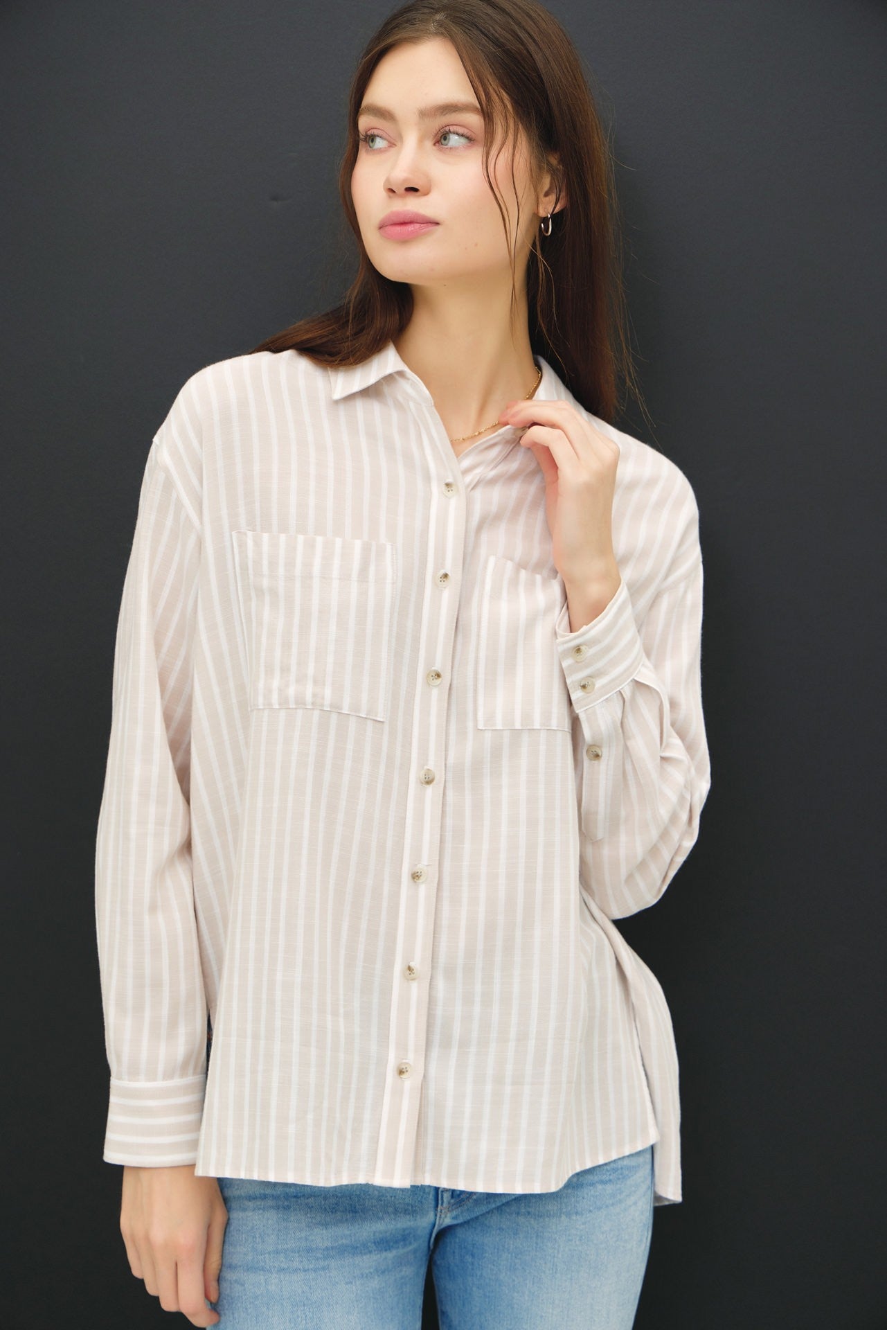 "Shirley" Striped Taupe Lightweight Long Sleeve Button UP