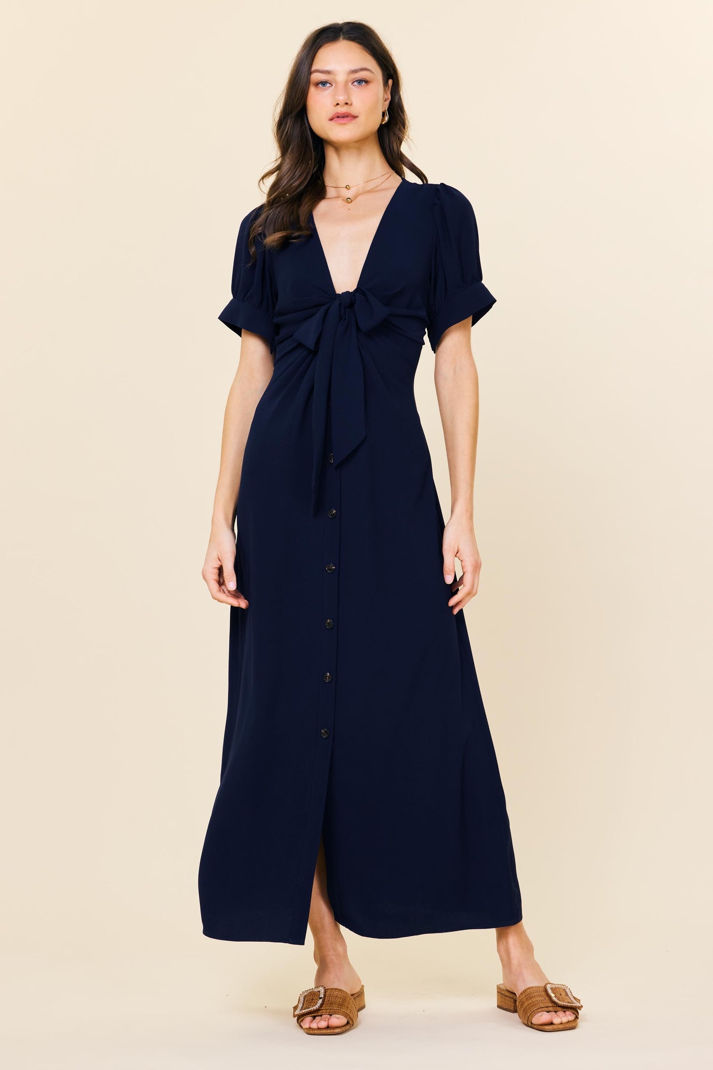 "Naomi" Navy Blue Tie Front Button-Down Midi Dress