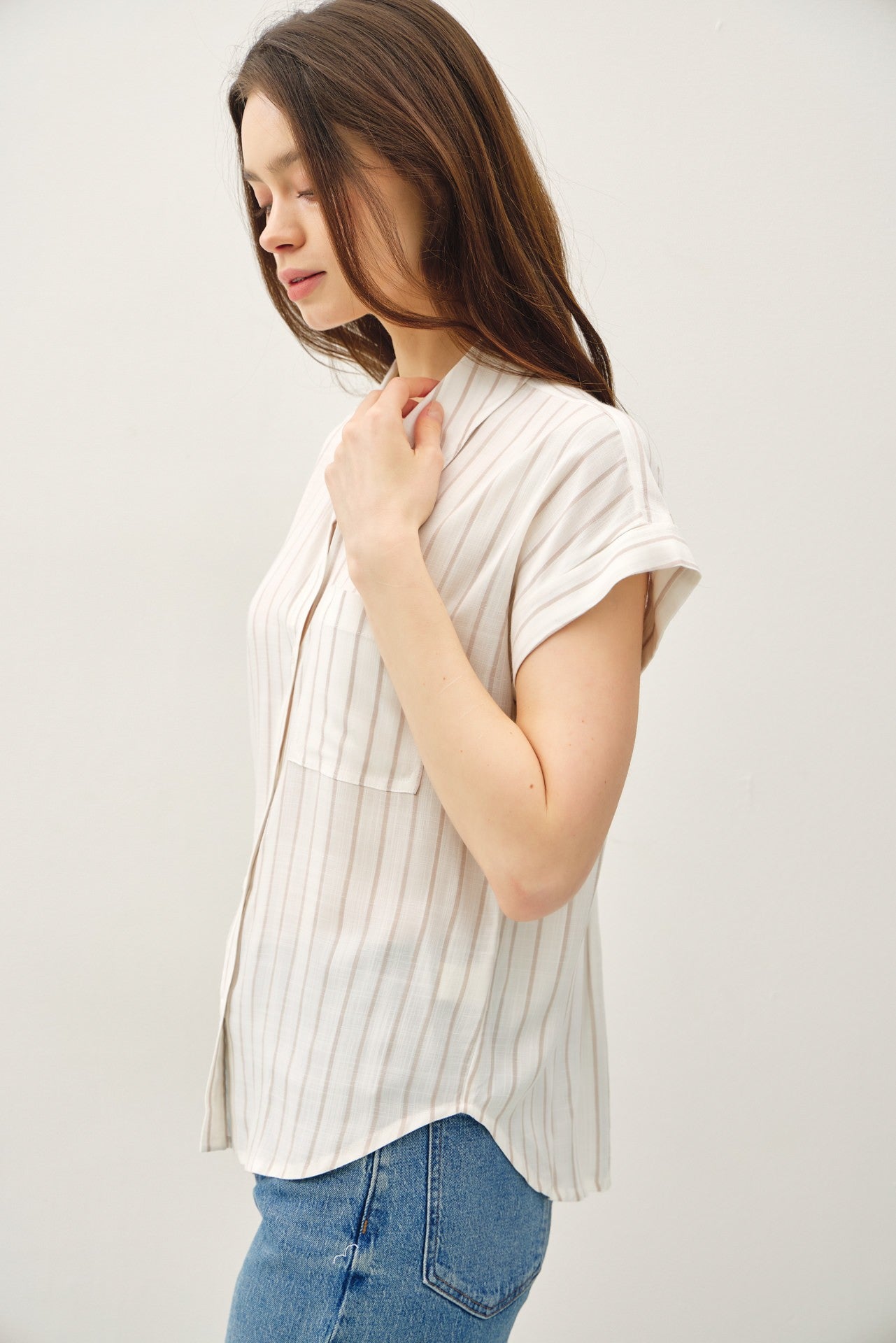 "Sammie" Taupe Striped Button Up Top