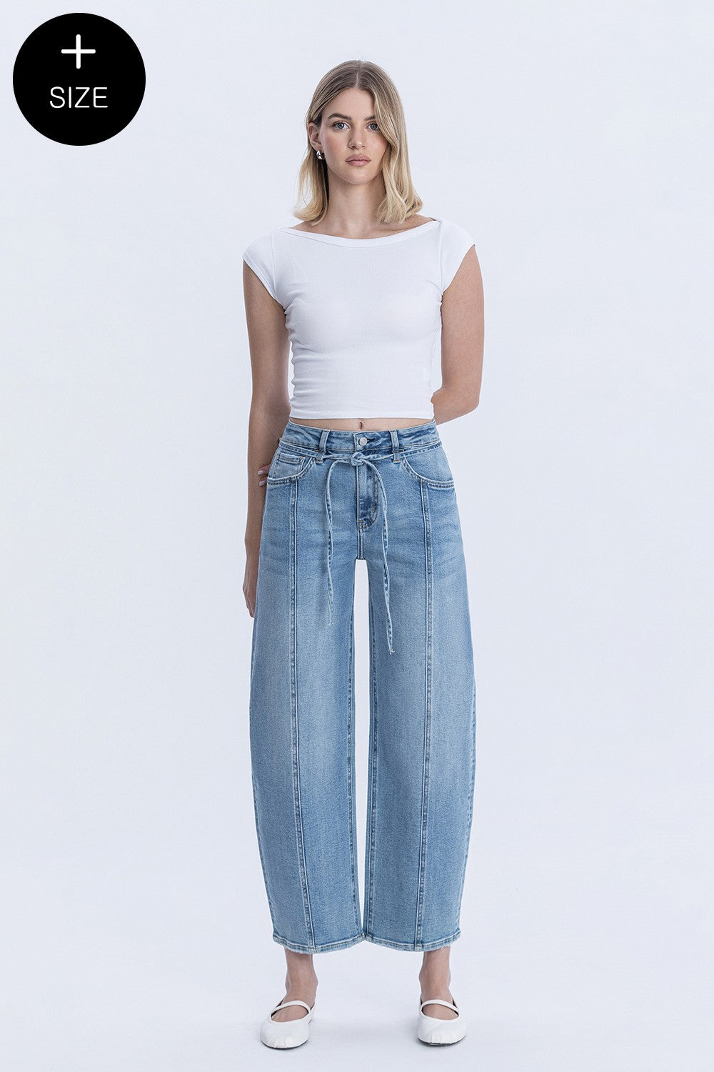 Lovervet High Rise Waist Tie Crop Wide Barrel Jeans