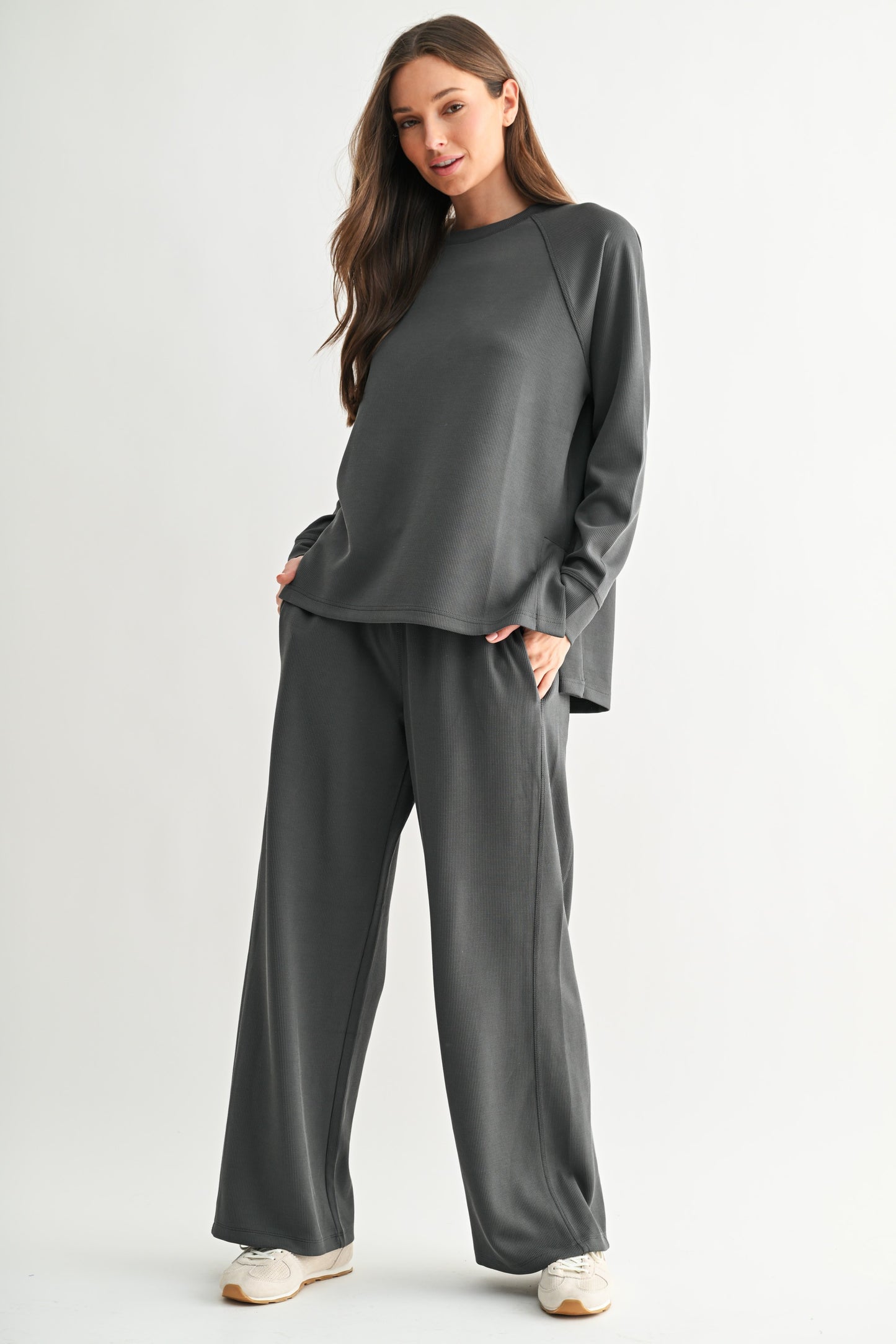 MONO B Luxe Sand Wash Rib Wide-leg Pants (ASH GREY)