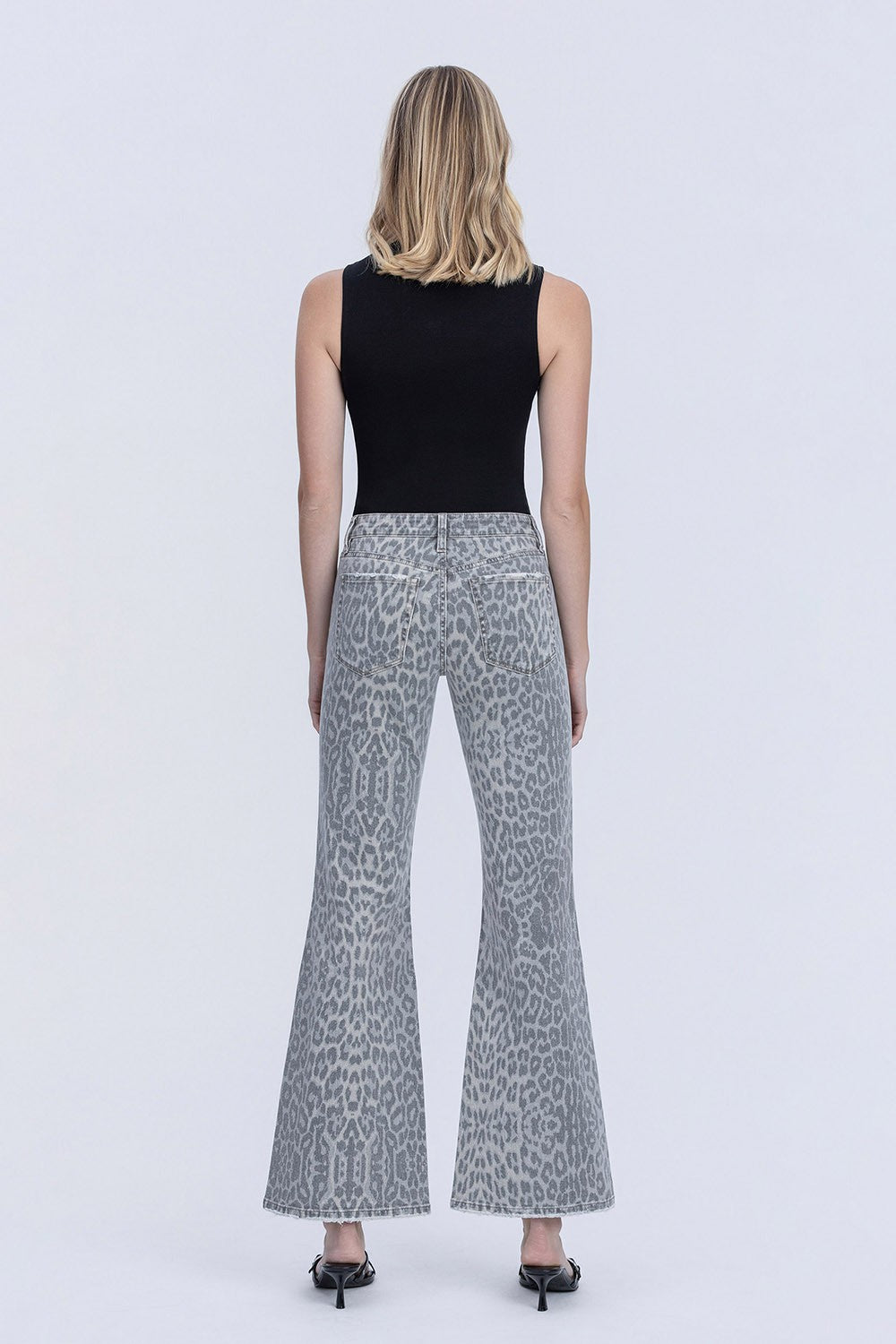 Vervet Mid Rise Grey Leopard Print Vintage Flare Jeans