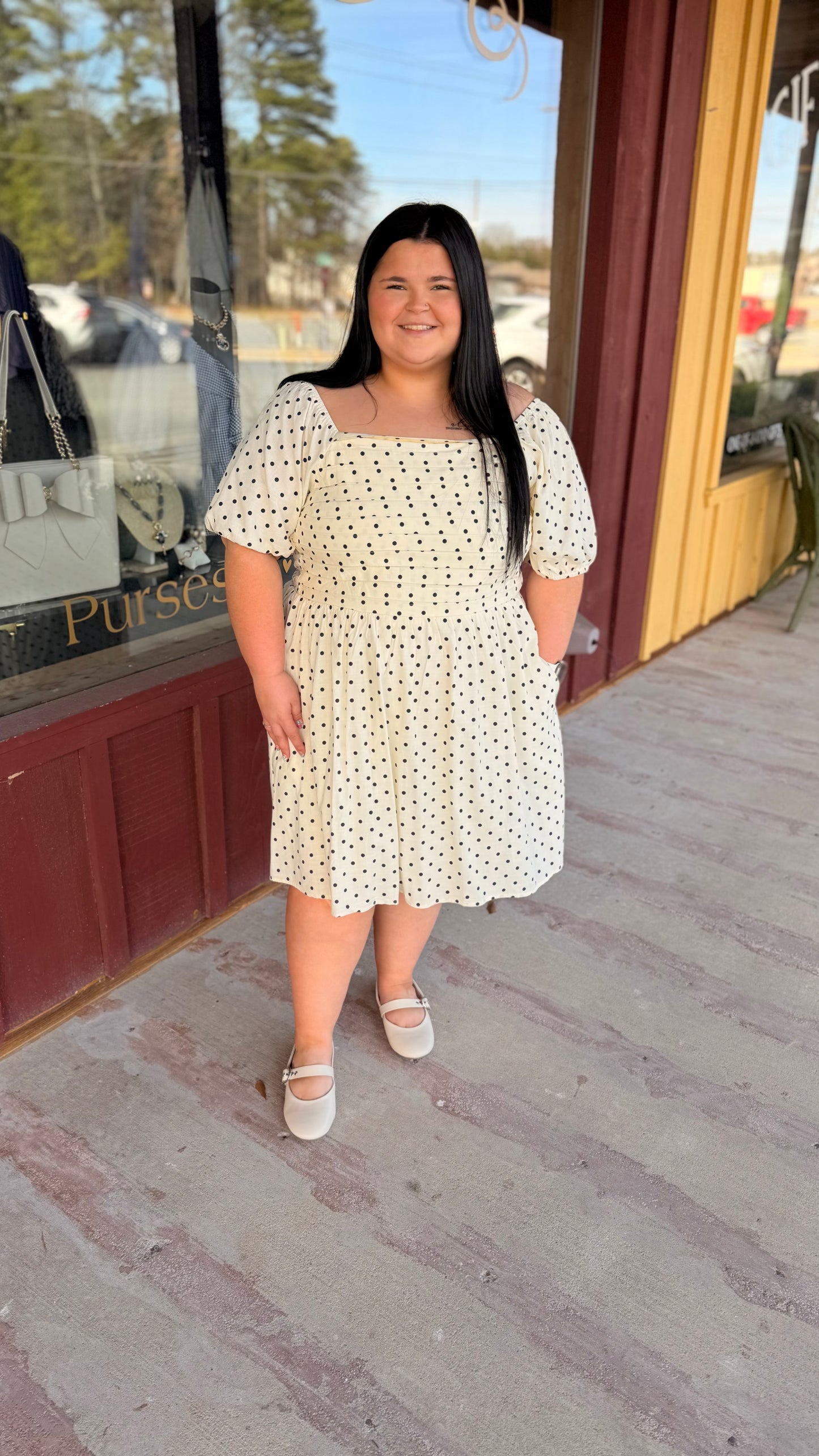 "Tena" Pleated Polka Dot Curvy Mini Dress