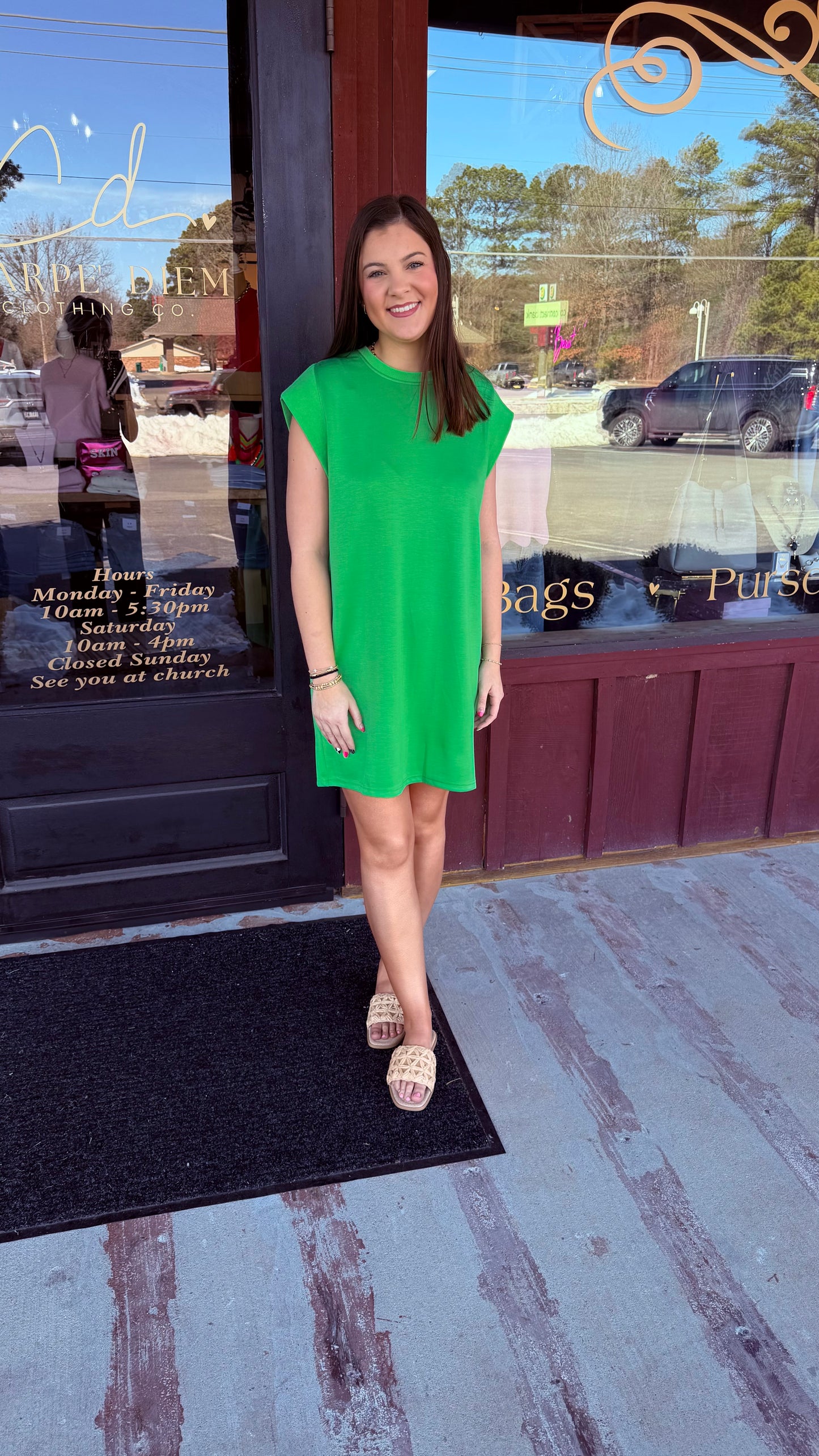 "Cappy" Green Solid Butter Soft Cap Sleeve Mini Dress