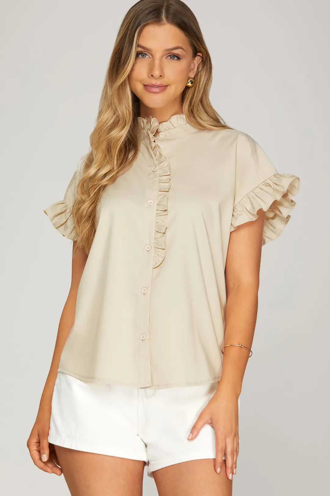 "Sandy" Drop Shoulder Ruffle Neck Top (Taupe)