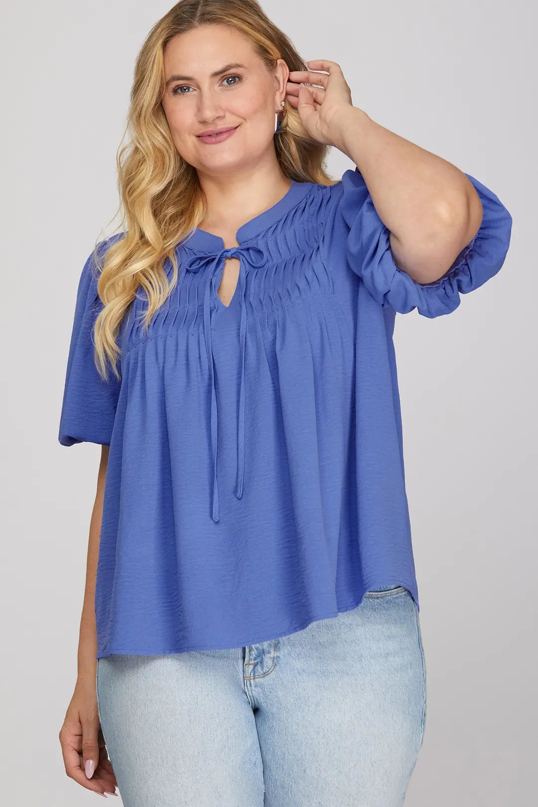 "Hailey" Curvy Pintuck Puff Sleeve Top