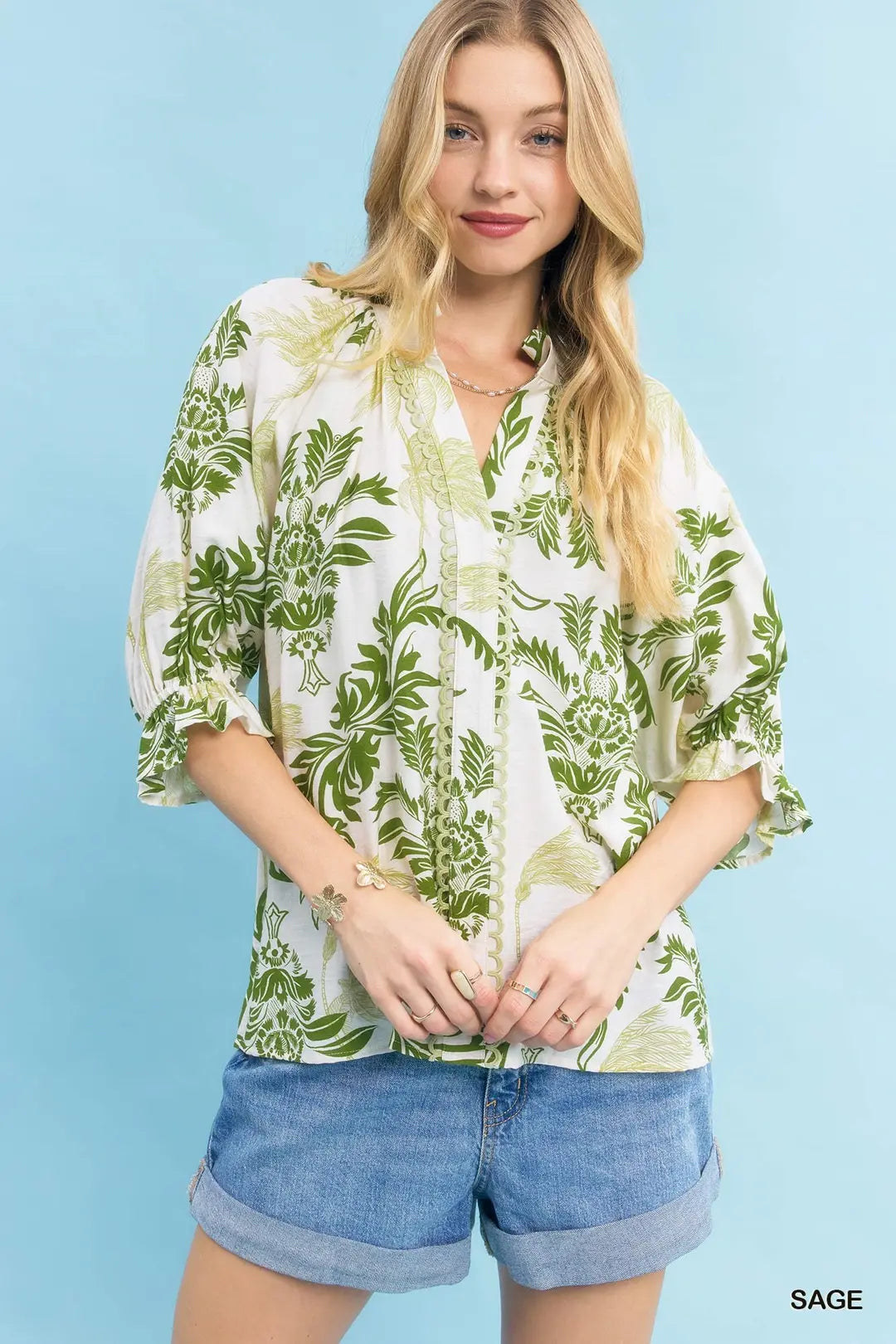 "Bella" Leafy Print Button Down Top