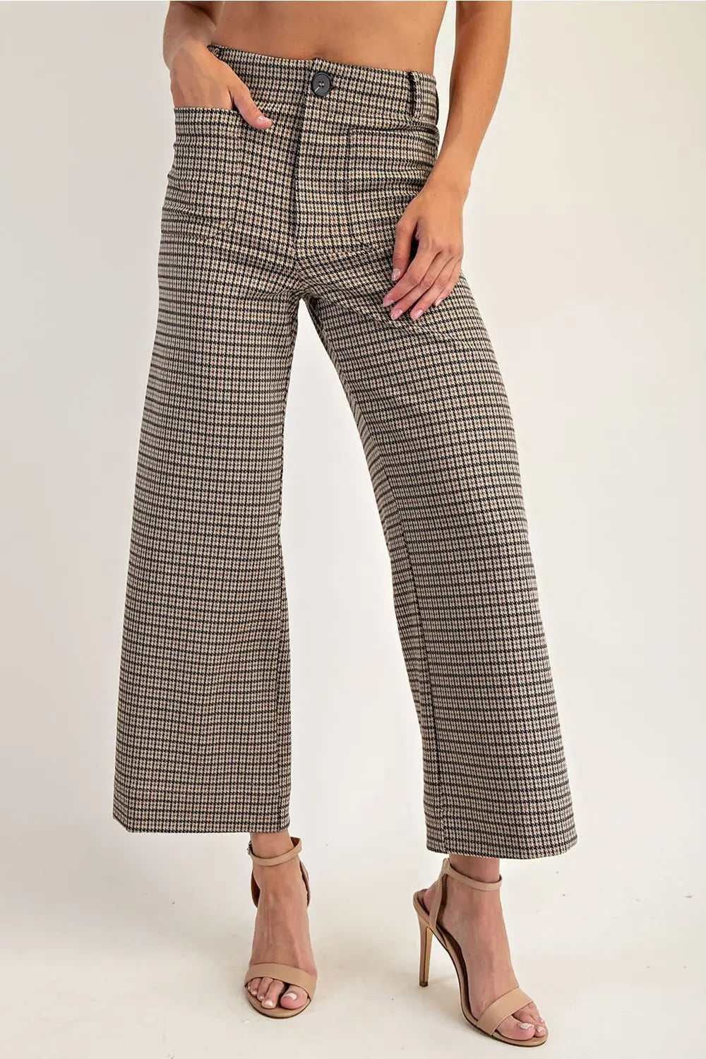"Hazel" Houndstooth Brown Crop Wide Leg Pants