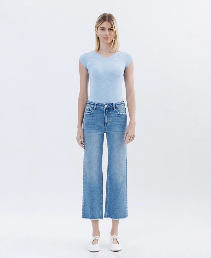 VERVET High Rise Raw Hem Crop Slim Wide Leg Jeans