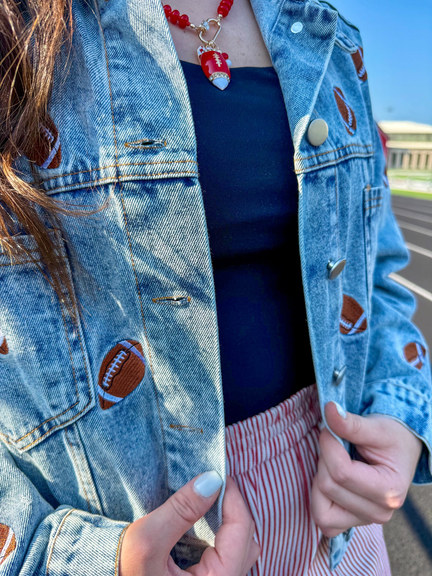 "Hail Mary" Football Embroidered Denim Jacket