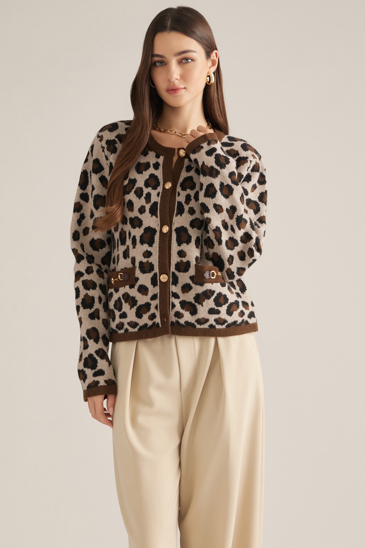 "Jody" Leopard Gold Button Cardigan Sweater