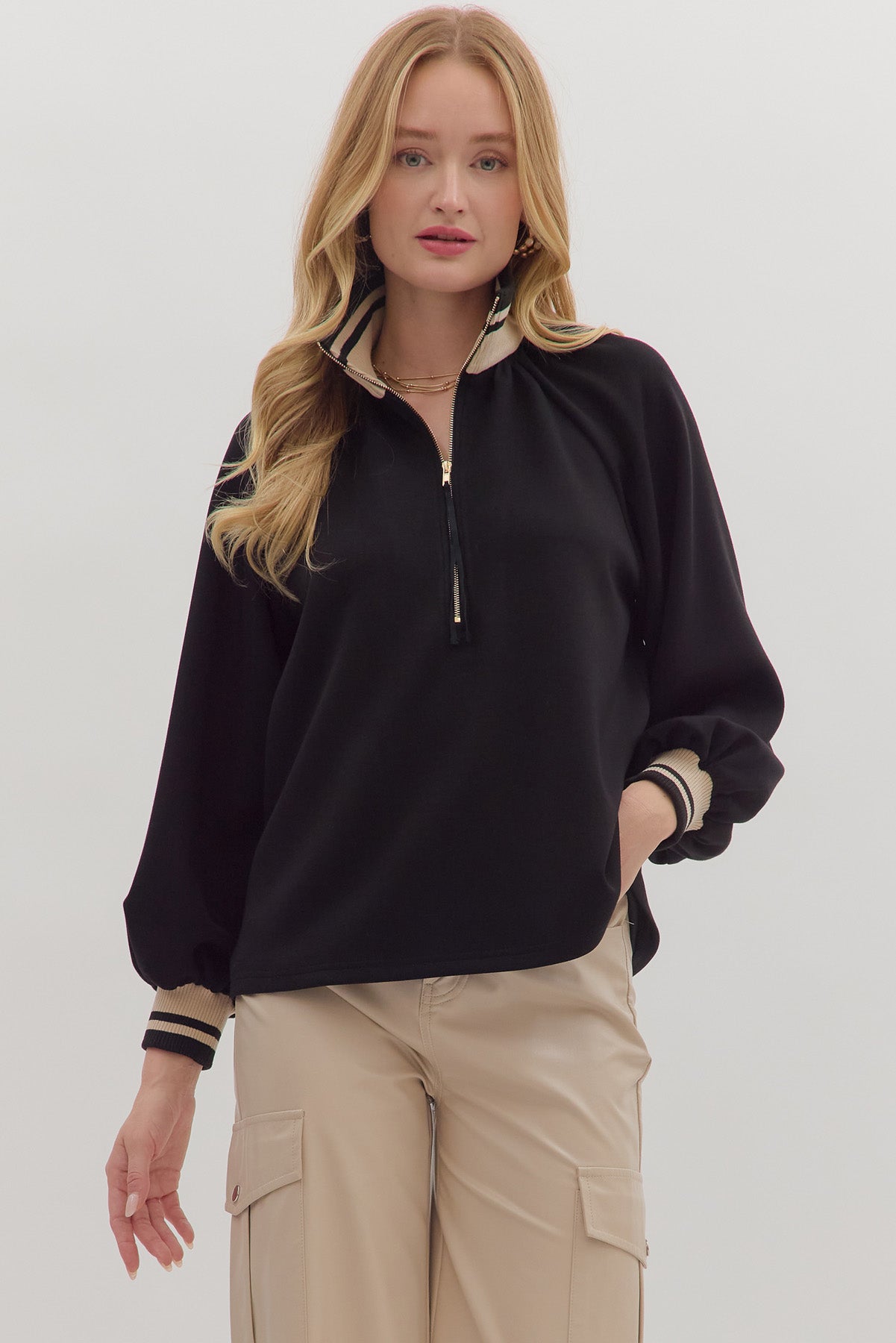 "Sonya" Black Stripe Ribbed Colar Half Zip Top