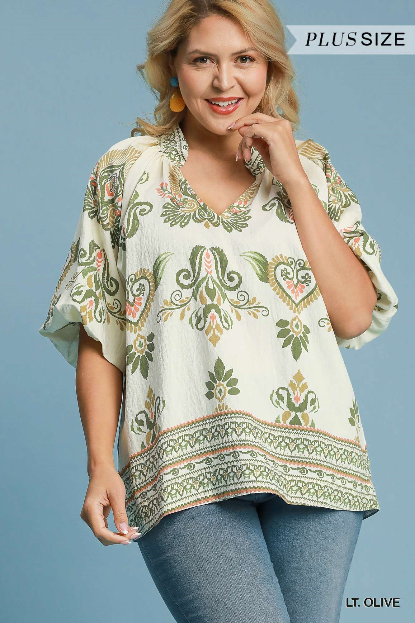 "Katy Lee" Light Olive Boarder Print Curvy Top