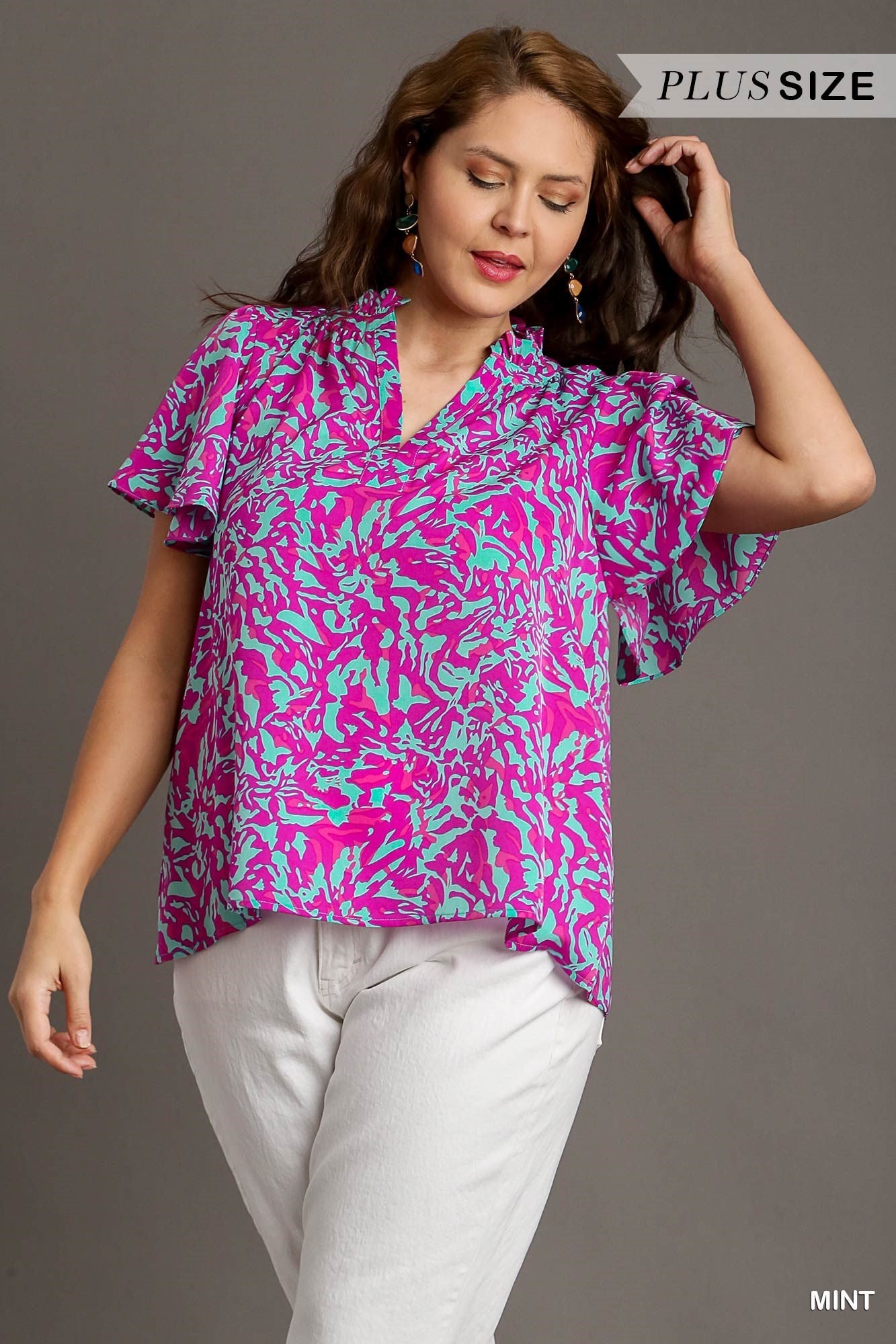 "ABBIE" Abstract Ruffle Sleeve Curvy Top
