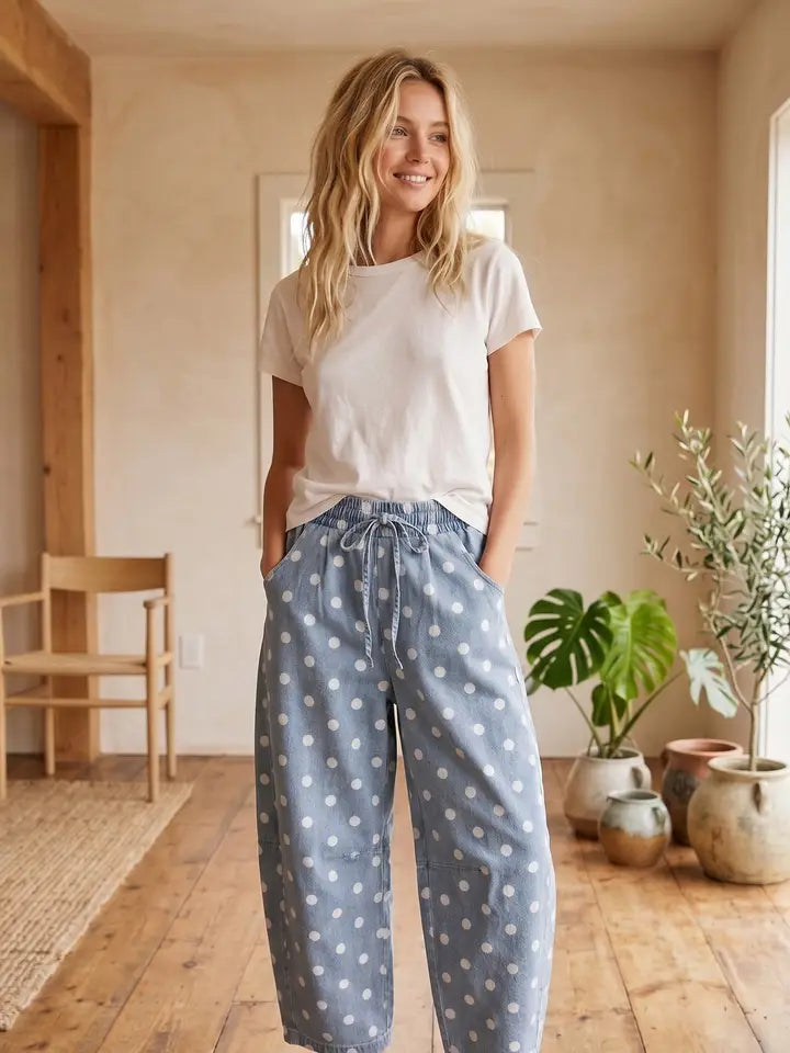 "Angela" Polka Dot Denim Barrel Pants