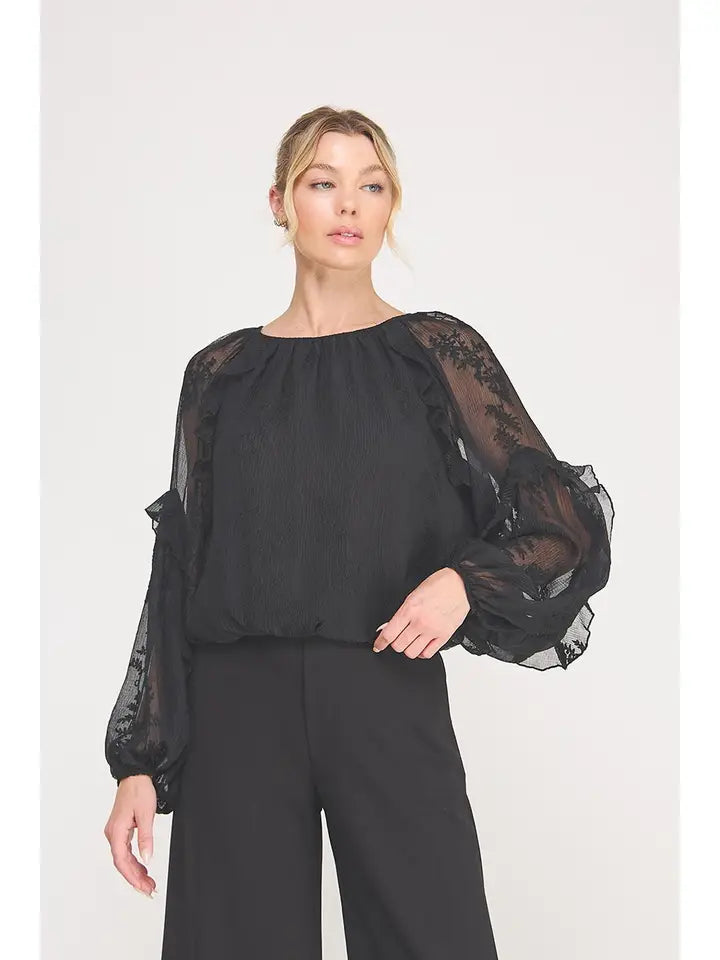 "McKenna" Sheer Embroidered Ruffle Blouse