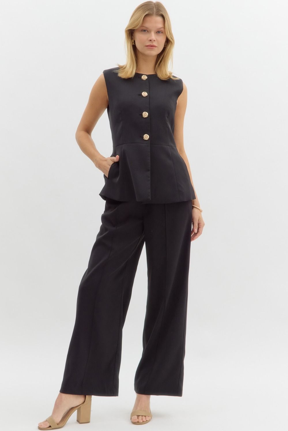 "Stay Classy" Gold Button Detail Black Vest Top