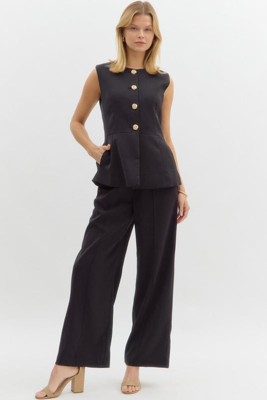 "Stay Classy" Gold Button Detail Black Vest Top