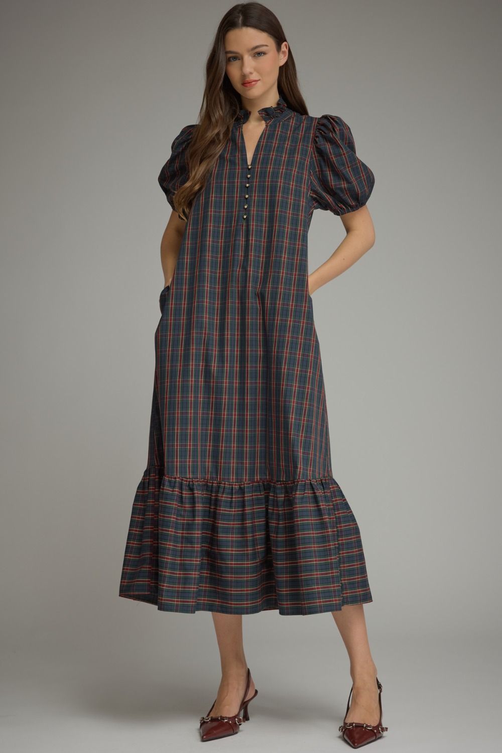 "Hope" Plaid Puff Sleeve Midi Dress