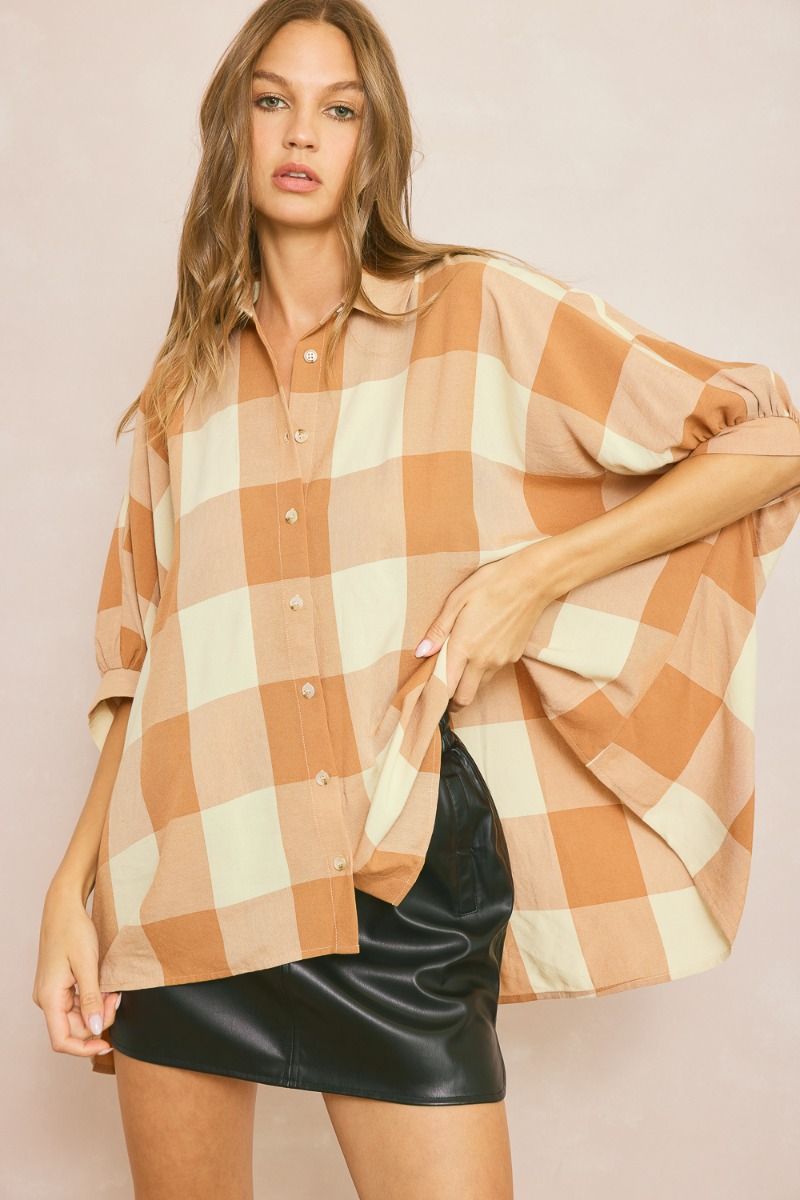 " Hey PUMPKIN" Checkered half sleeve collared button up top.