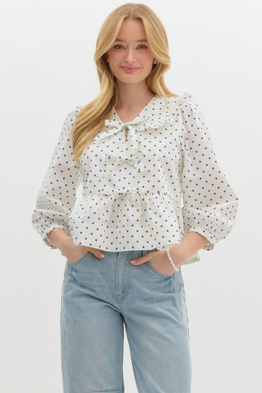 "Katelyn" Navy Polka Dot Peplum Top