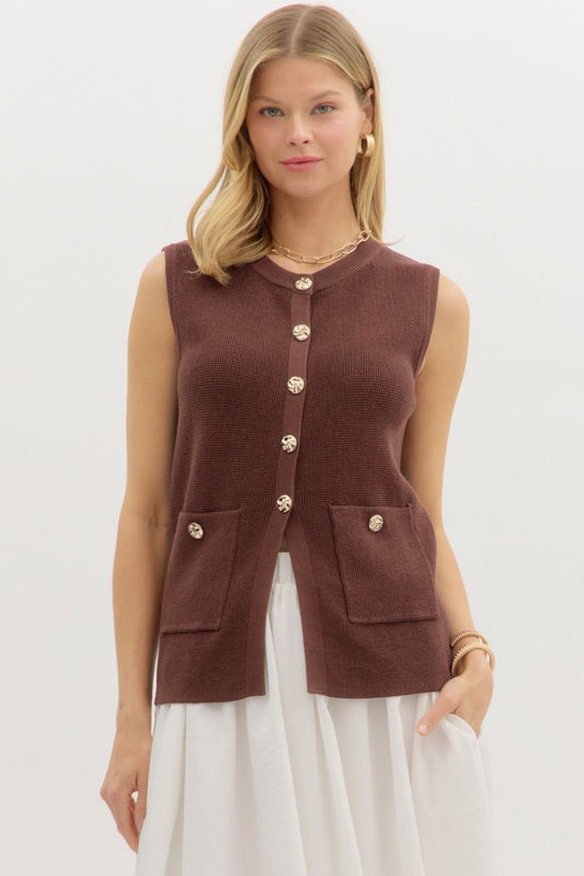 "Nancy" Gold Button Detail Brown Sweater Vest