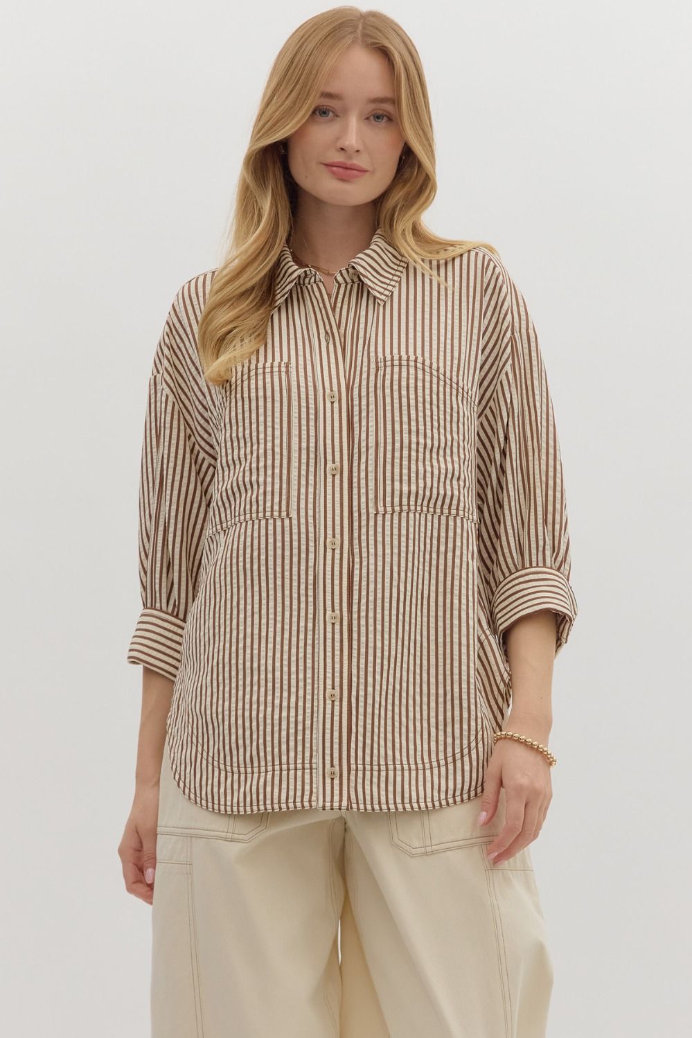 "Lindsey" Textured 3/4 Stripped Button Down Top (multiple colors)