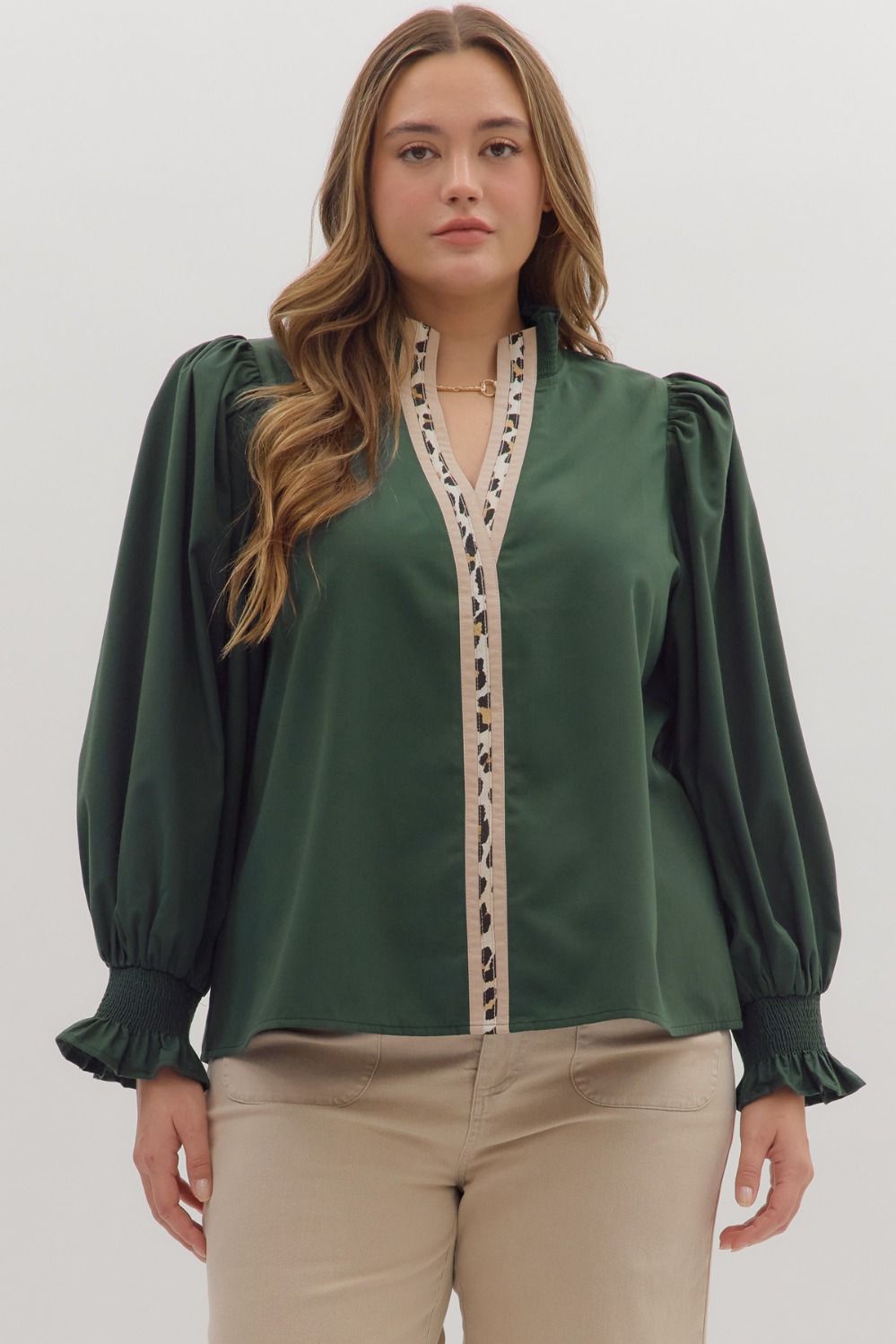 "Going Going" Green Leopard Trim Long Ruffle Sleeve Top