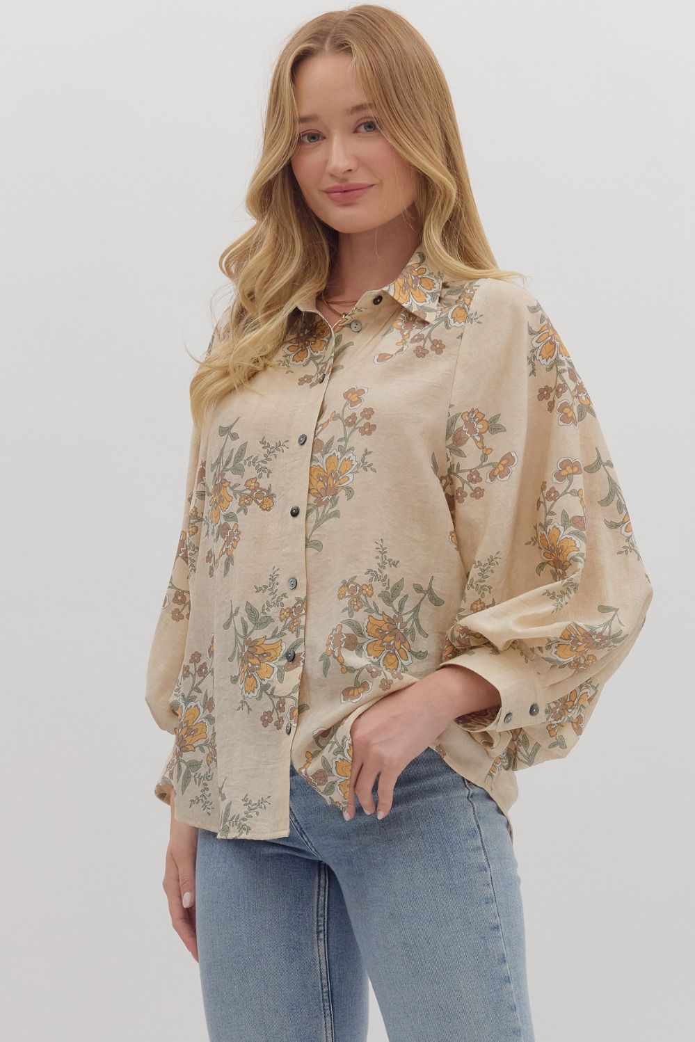 "Falls" Floral Long Sleeve Button Up Top (mulitple colors S-2XL)
