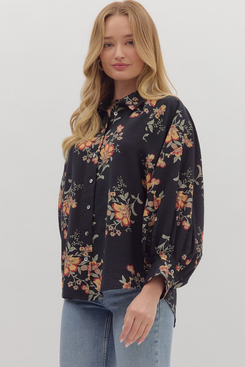 "Falls" Floral Long Sleeve Button Up Top (mulitple colors S-2XL)