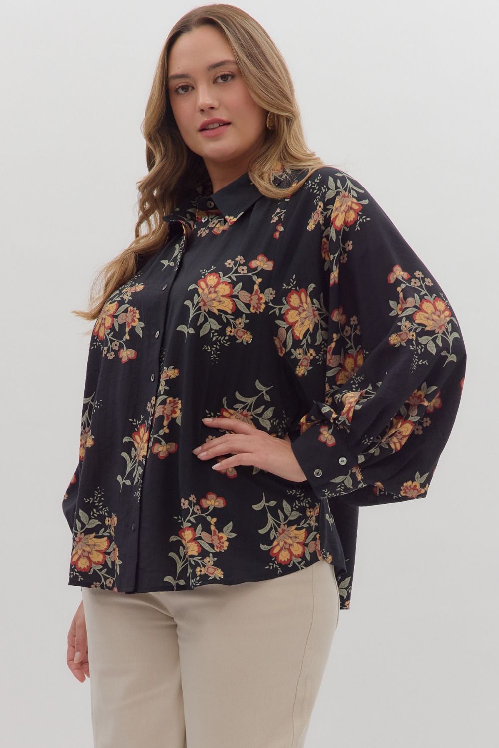 "Falls" Floral Long Sleeve Button Up Top (mulitple colors S-2XL)
