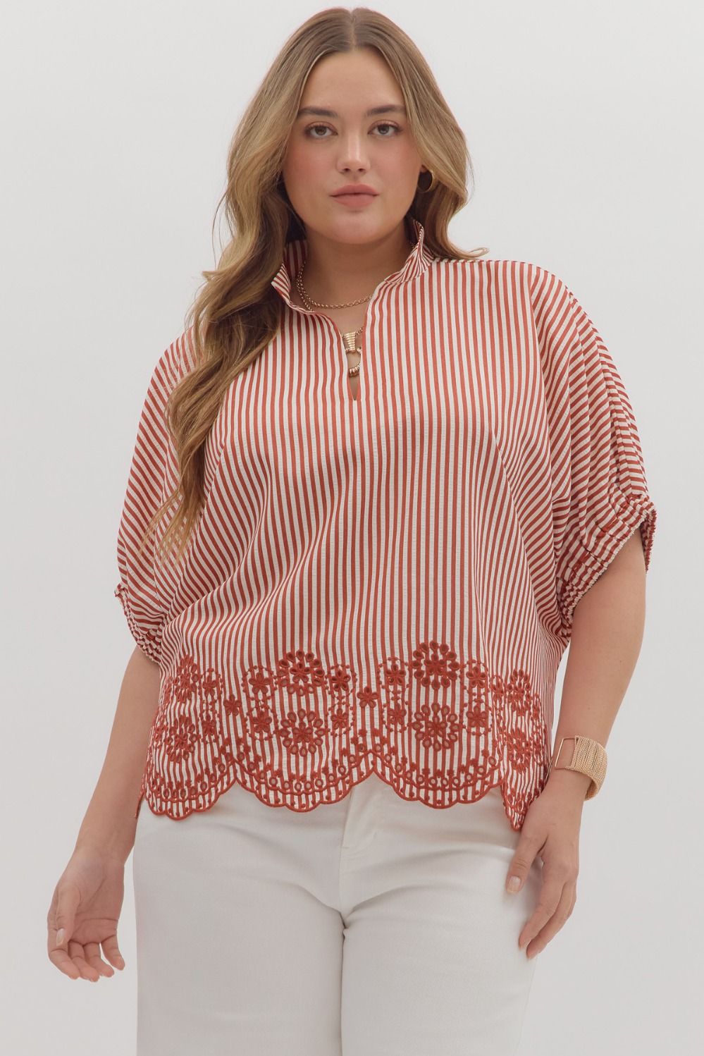 "Bentley" Brick Striped Eyelet Curvy Top