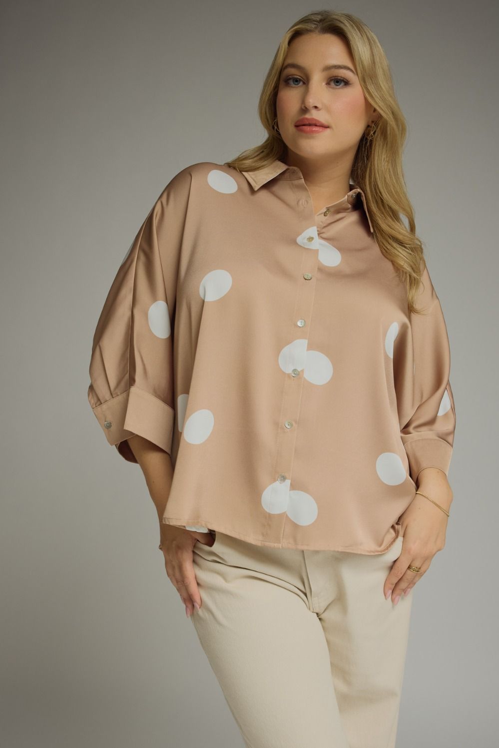 "Darci" 3/4 Sleeve Polka Dot Satin Blouse (S-2XL)