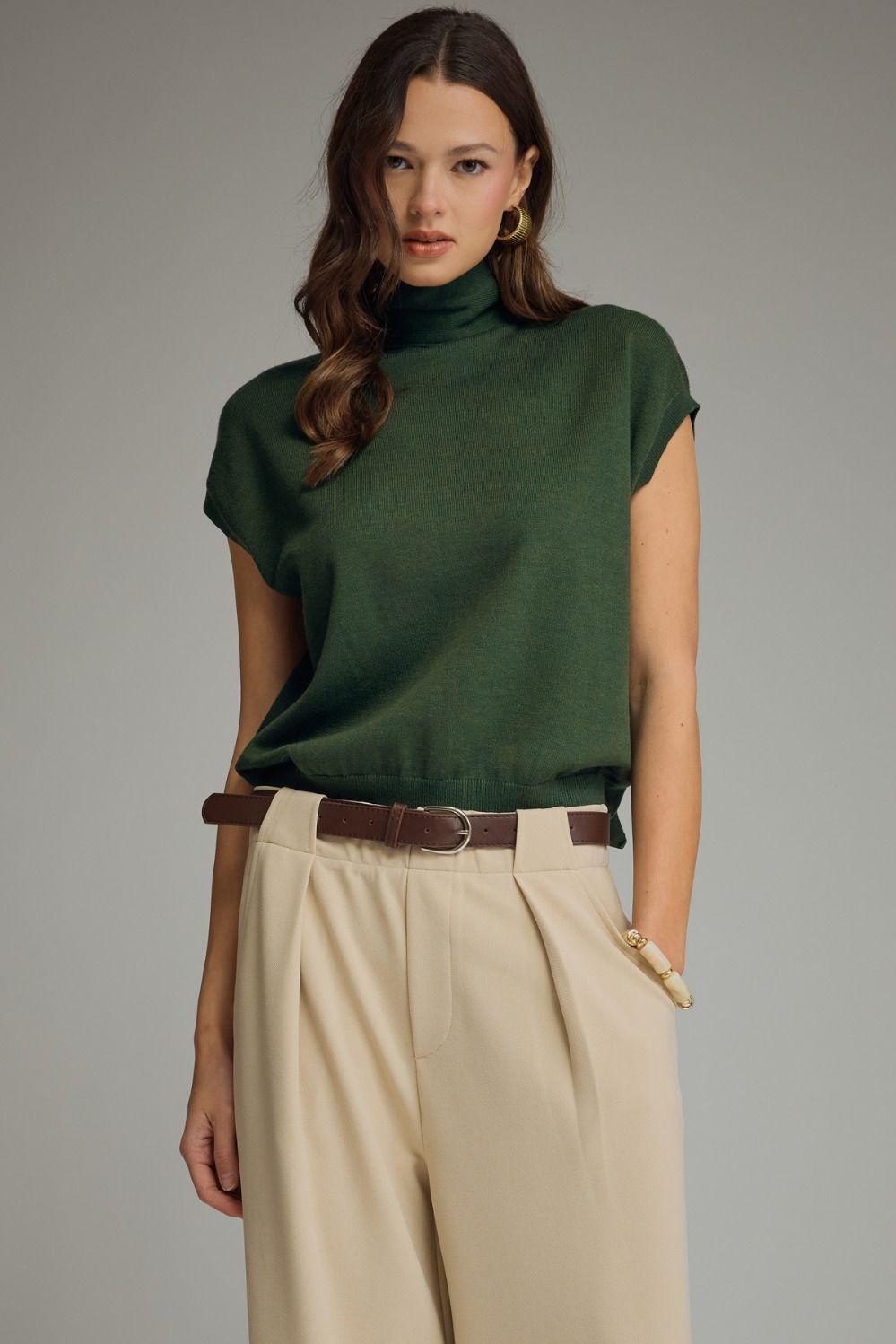 "Nature" Green Mock Neck Scarf Detail Top