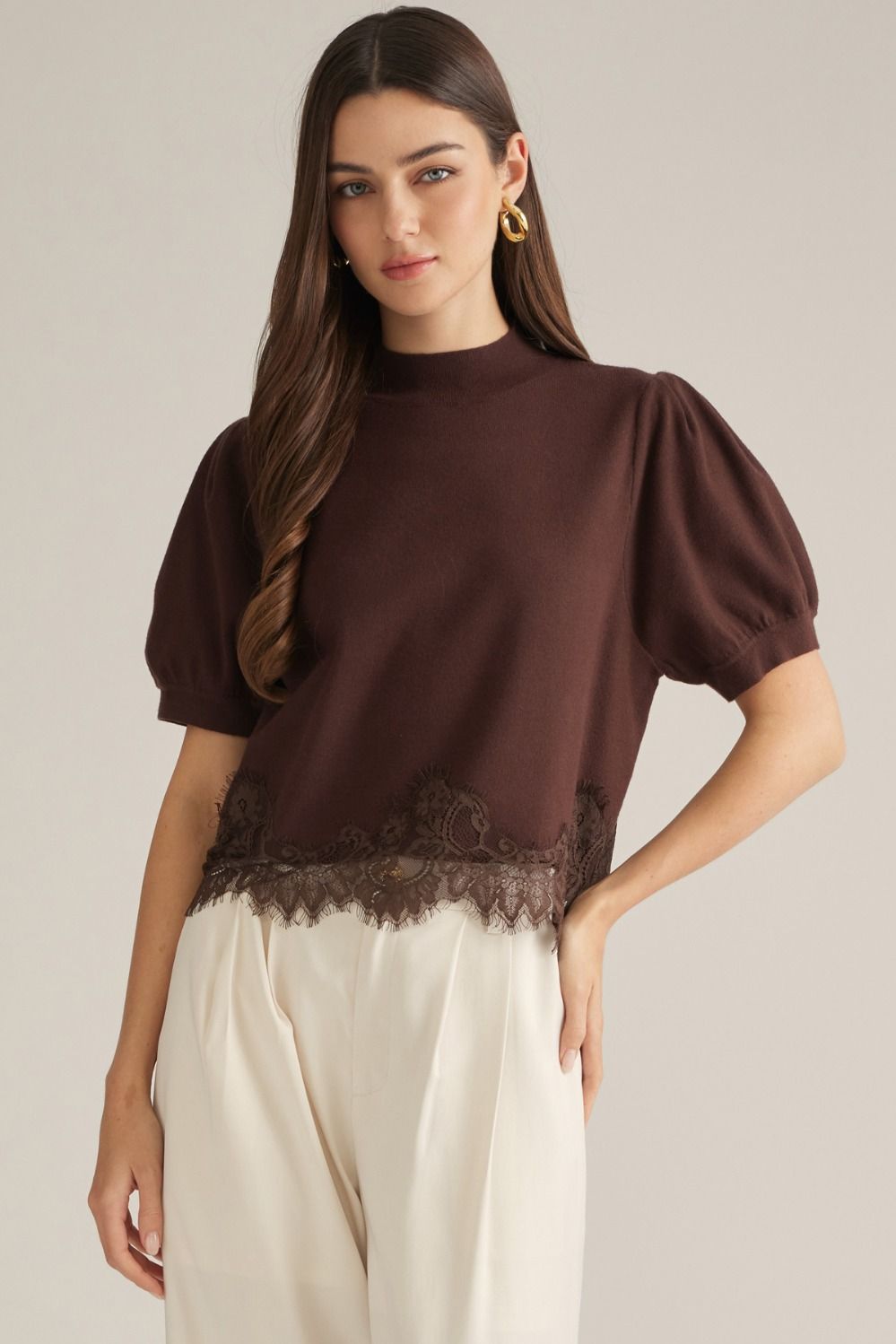 "Bonnie" Lace Trim Puff Sleeve Top