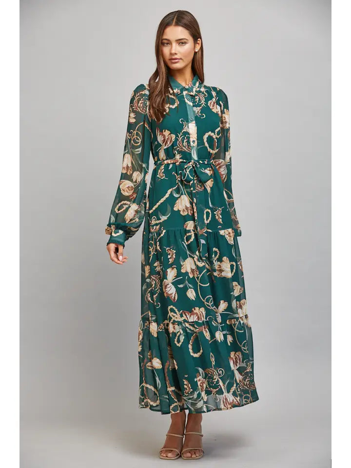 "Anna" Floral Chain Chiffon Midi Dress