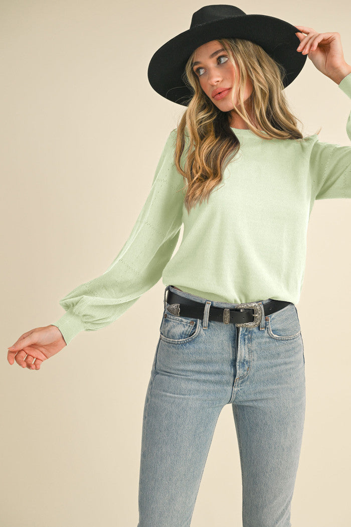 "MATCHA" Knit Pointelle Puff Sleeve Sweater