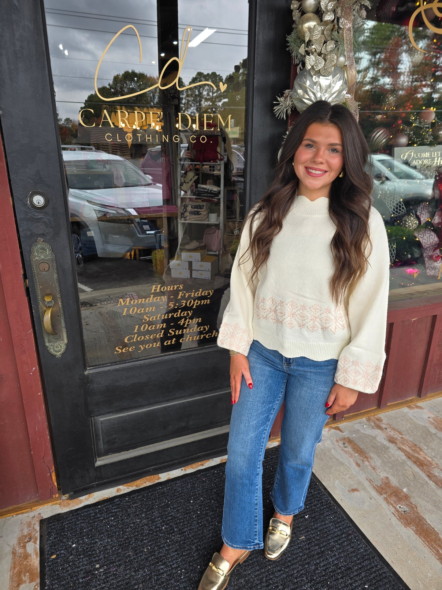 "Kale" Pink Embroidery Cream Mock Neck Scallop Sweater