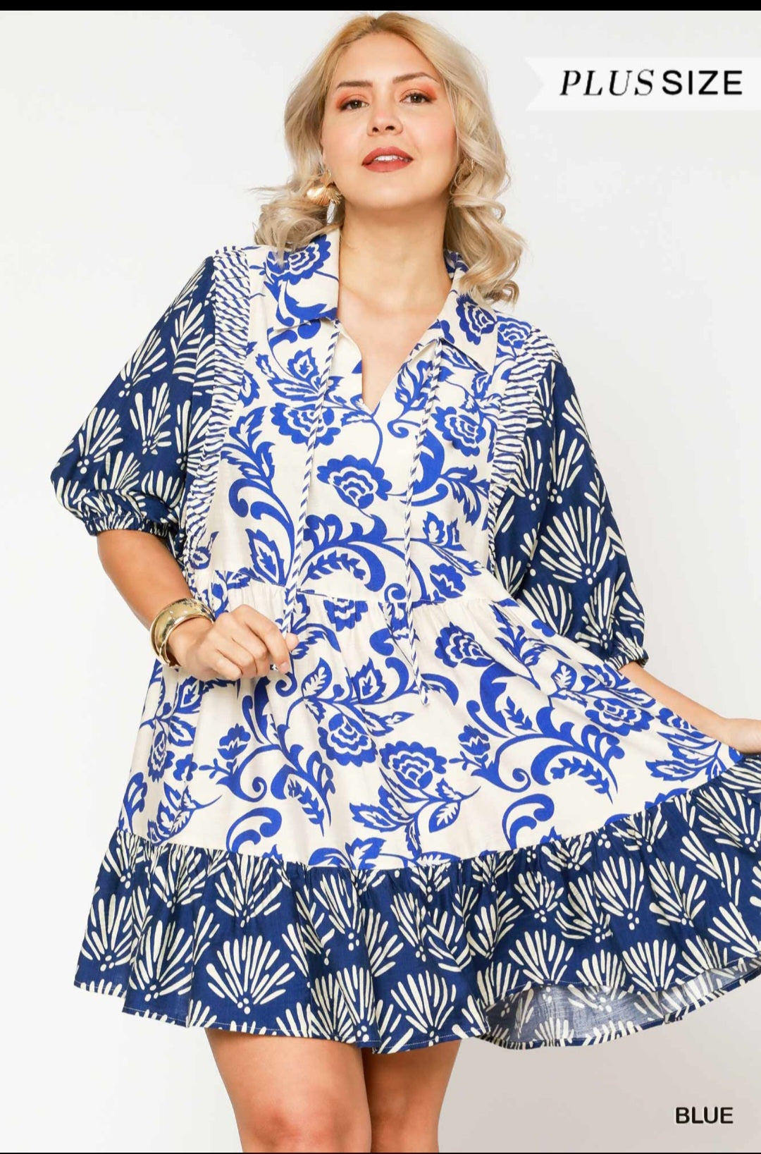 "Gina" Curvy Blue Floral Dress