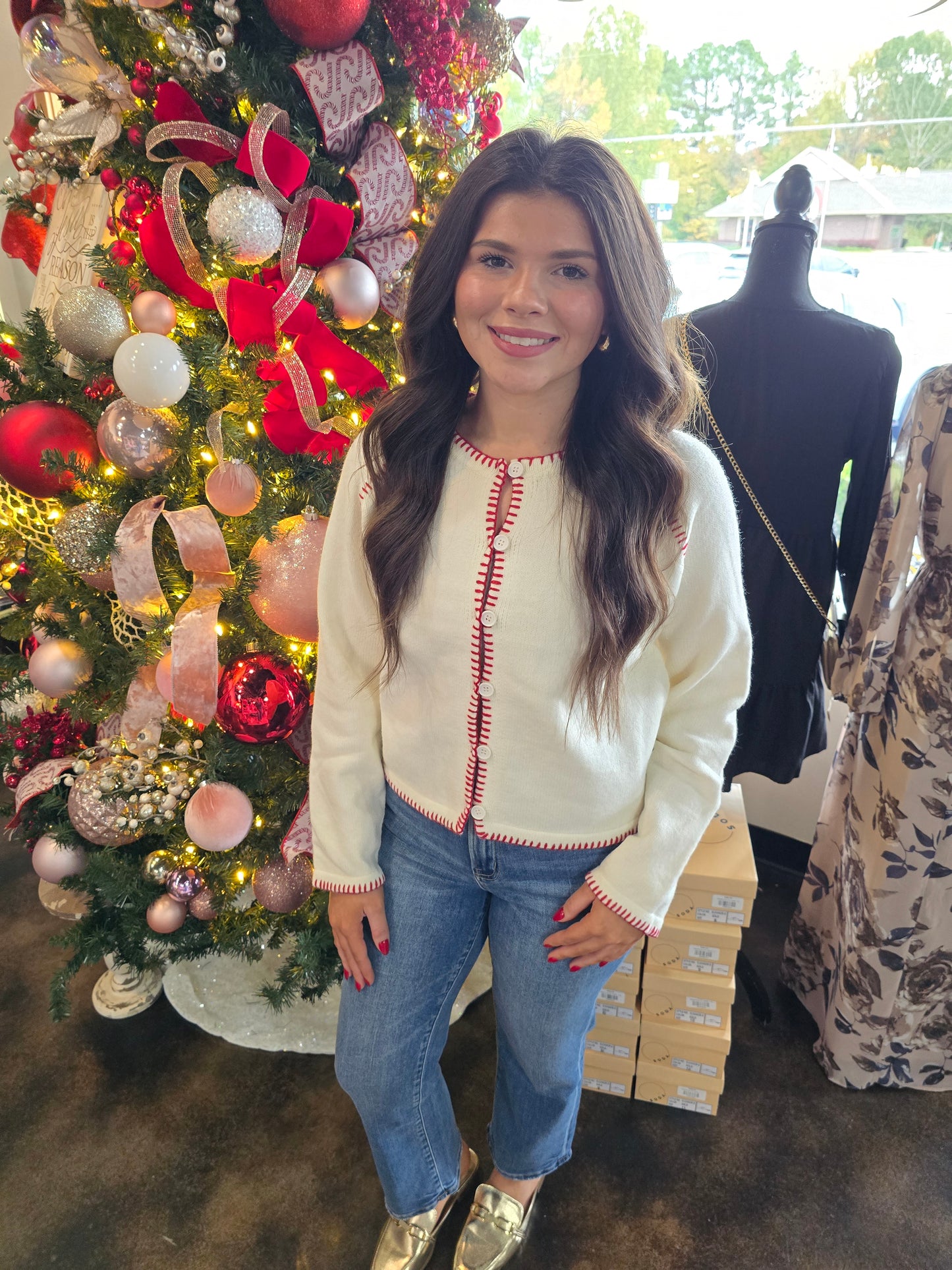 "Falala" Ivory Cardigan w/ Red Stitch Detail