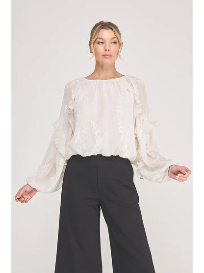 "McKenna" Sheer Embroidered Ruffle Blouse