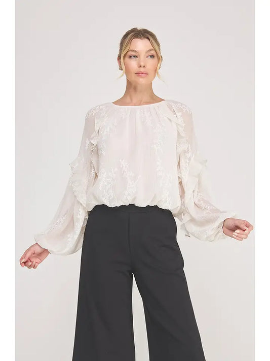 "McKenna" Sheer Embroidered Ruffle Blouse