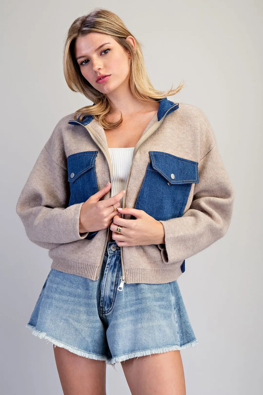 "Janelle" Denim Trimmed Knit jacket