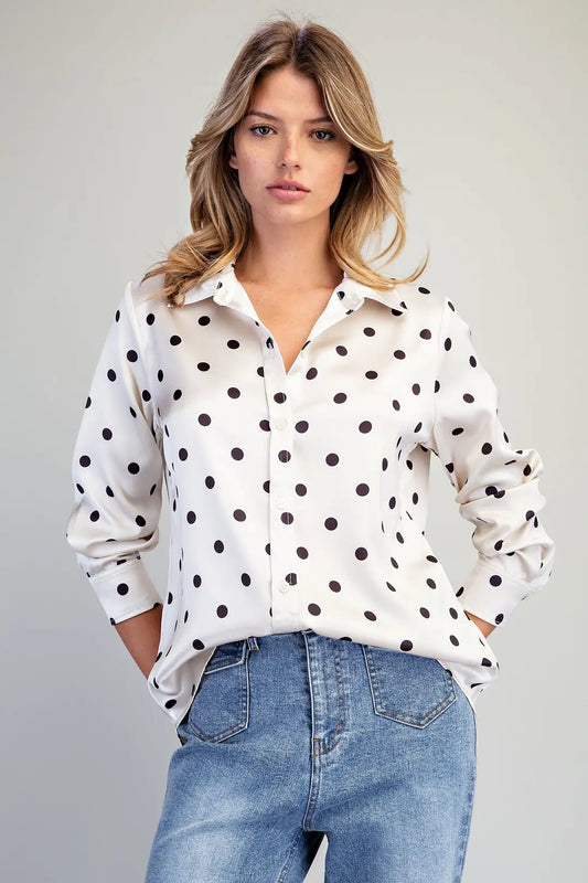 "Dally" Polka Dot Satin Button Down